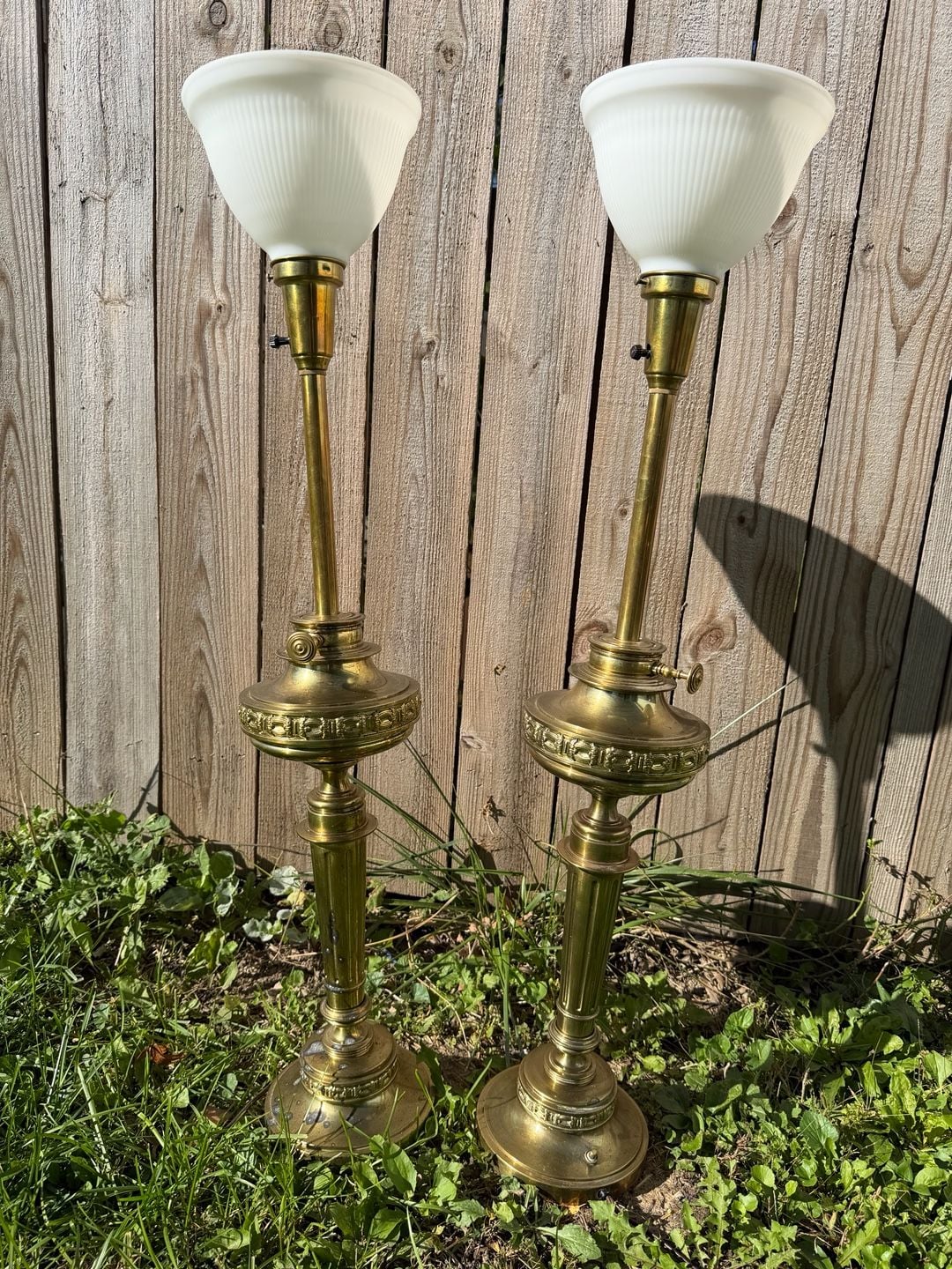 Rembrandt Brass Torchiere Table Lamp Milk Glass Pair 1
