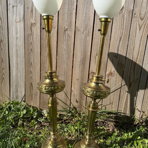 Rembrandt Brass Torchiere Table Lamp Milk Glass Pair