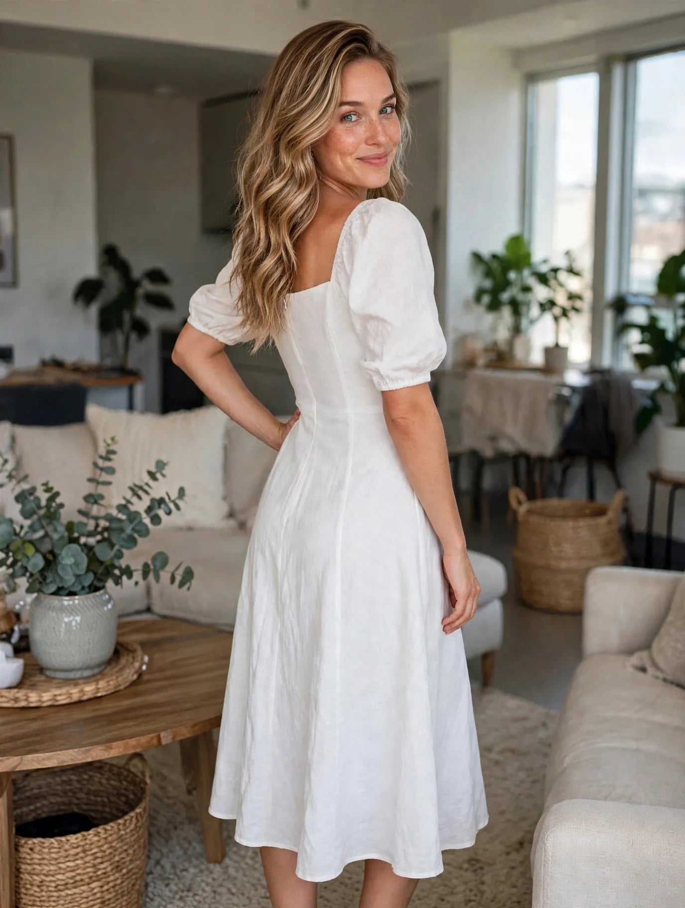 Urban Outfitters Maria Puff Sleeve Button Midi Dress Size S White 9