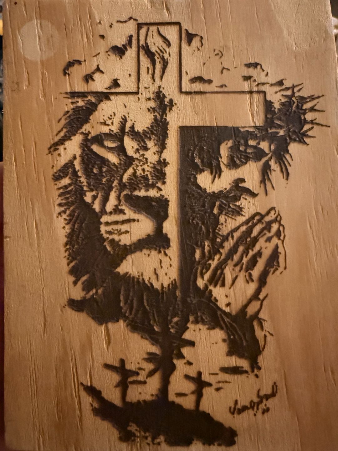 Handmade Wood Burned Jesus Lion and Cross Pyrography Art Plaque 1