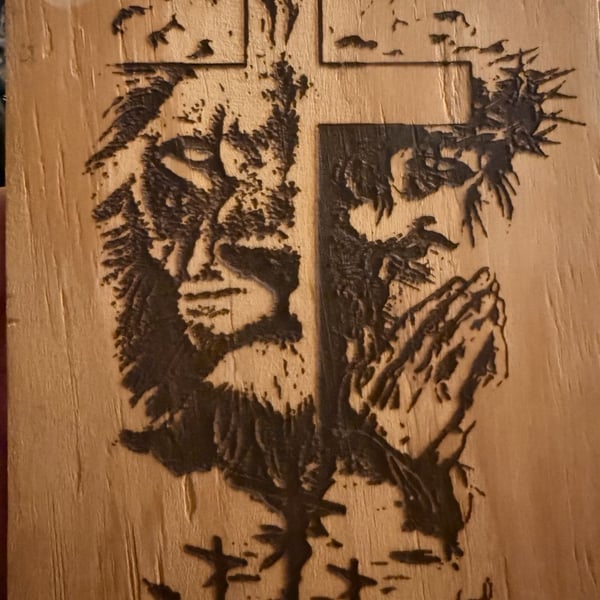 Handmade Wood Burned Jesus Lion and Cross Pyrography Art Plaque