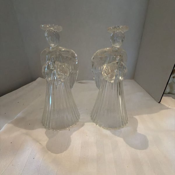 Vintage Crystal Praying Angel Pair Candle Holders