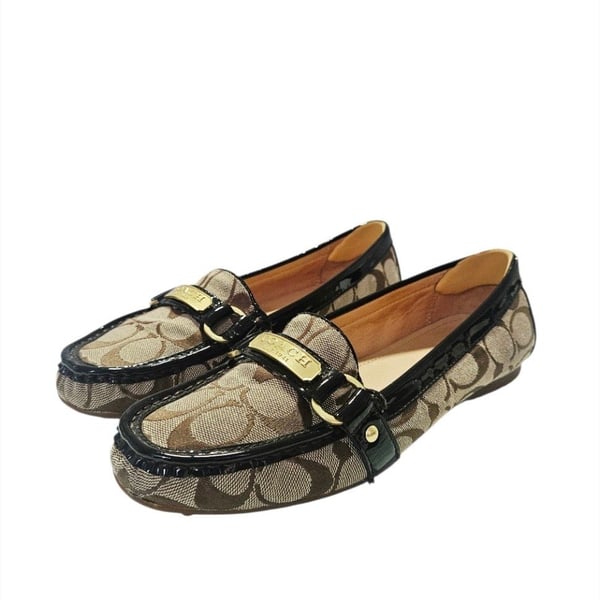 Coach Felisha Signature Loafer Flats Sz 8.5B Brown Jacquard Patent Leather A2134