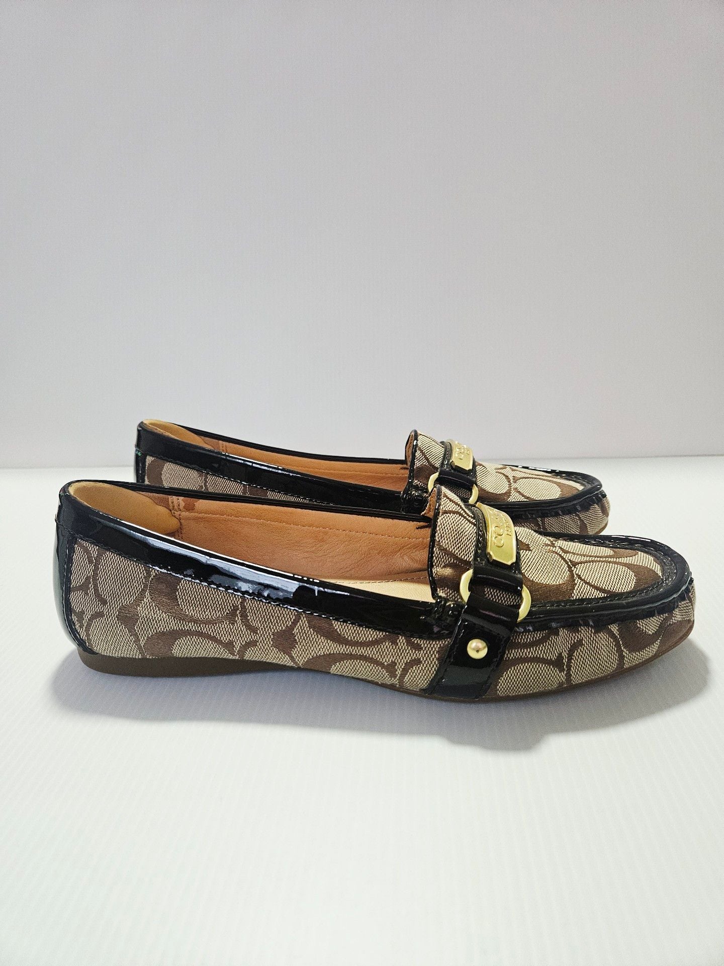 Coach Felisha Signature Loafer Flats Sz 8.5B Brown Jacquard Patent Leather A2134 7