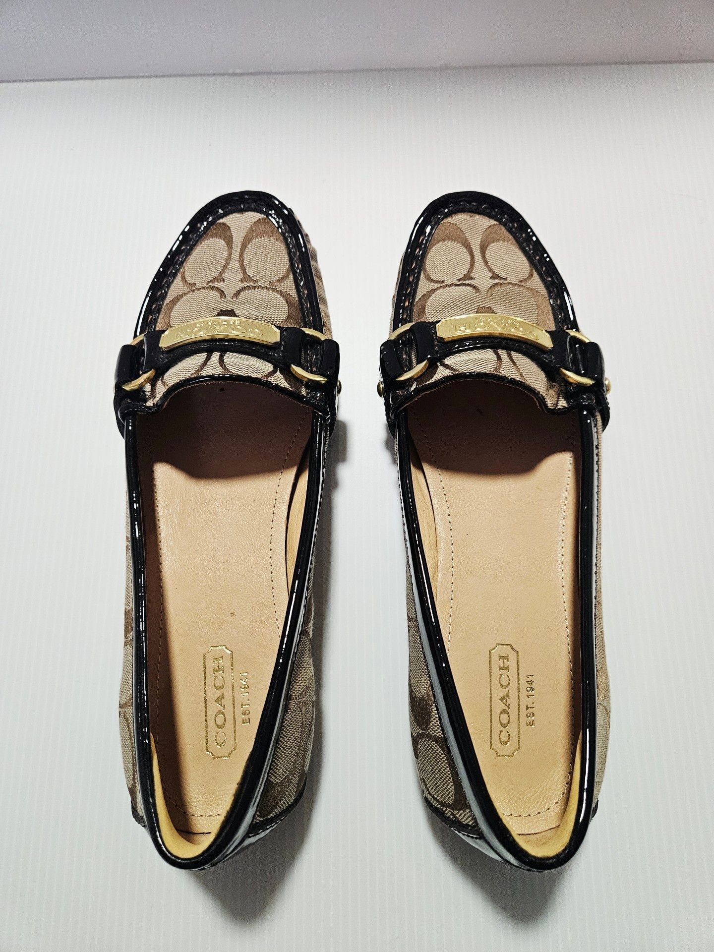 Coach Felisha Signature Loafer Flats Sz 8.5B Brown Jacquard Patent Leather A2134 9