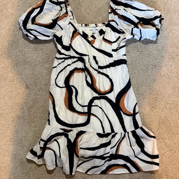Nine West Babydoll Mini Dress Size L Abstract Print Puff Sleeve