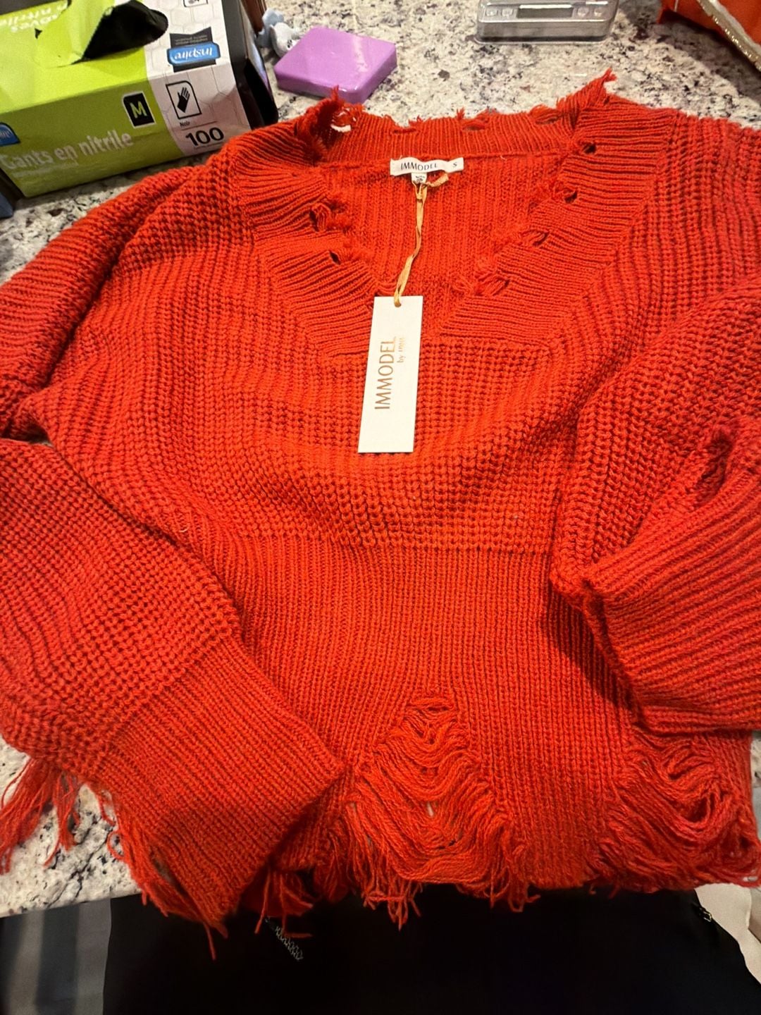 Immodel Distressed Knit Sweater Size S Red Fringe V-Neck 2
