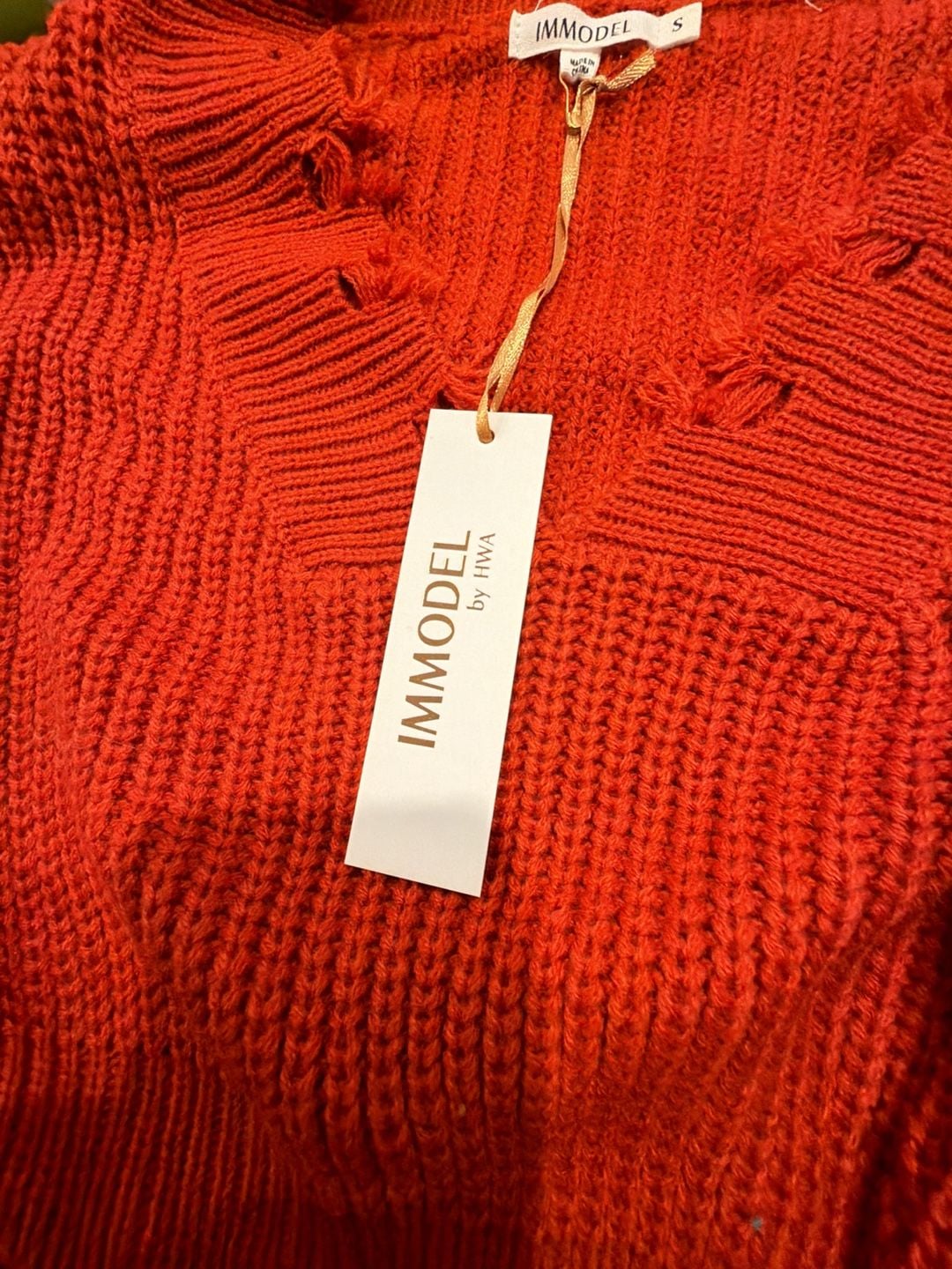 Immodel Distressed Knit Sweater Size S Red Fringe V-Neck 6