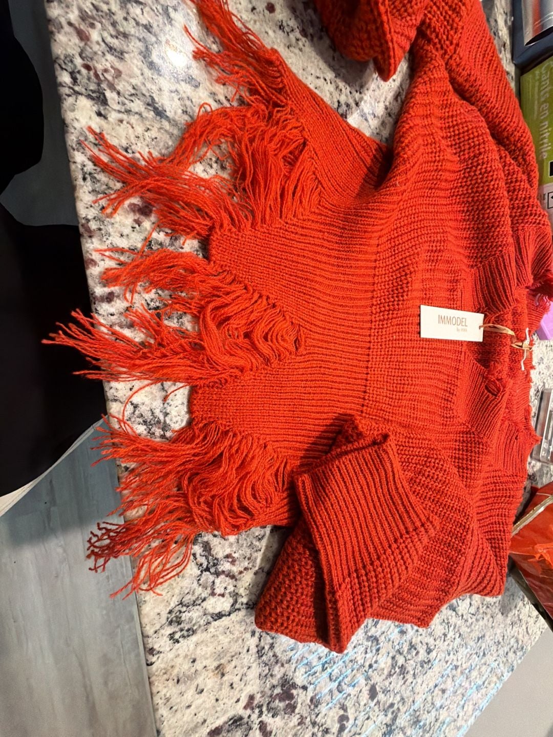 Immodel Distressed Knit Sweater Size S Red Fringe V-Neck 7