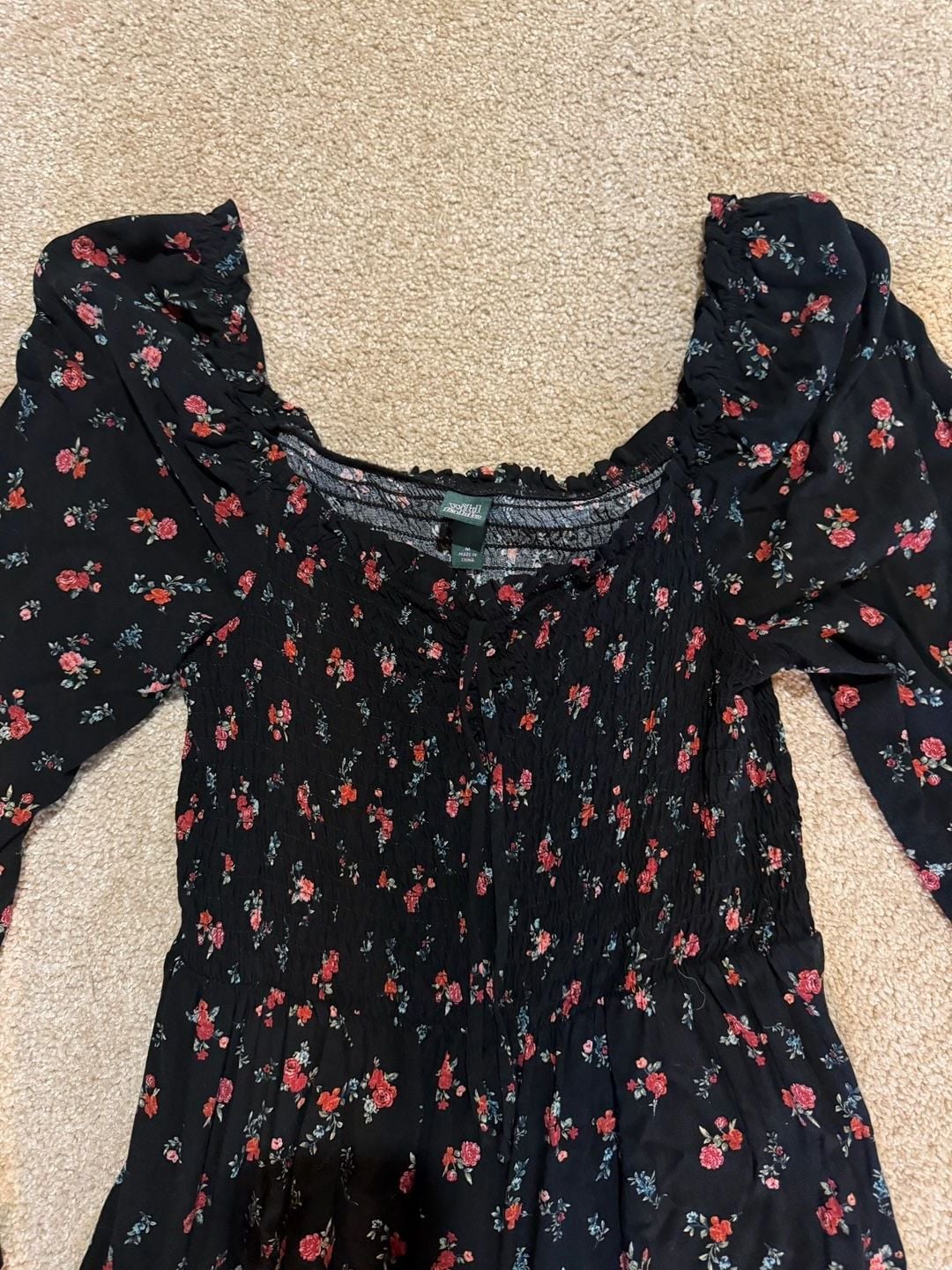 Wild Fable Floral Smocked Dress Size M Black Long Sleeve Ruffle 3