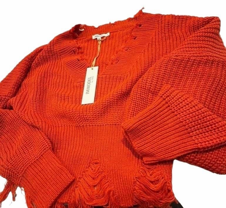 Immodel Distressed Knit Sweater Size S Red Fringe V-Neck 3