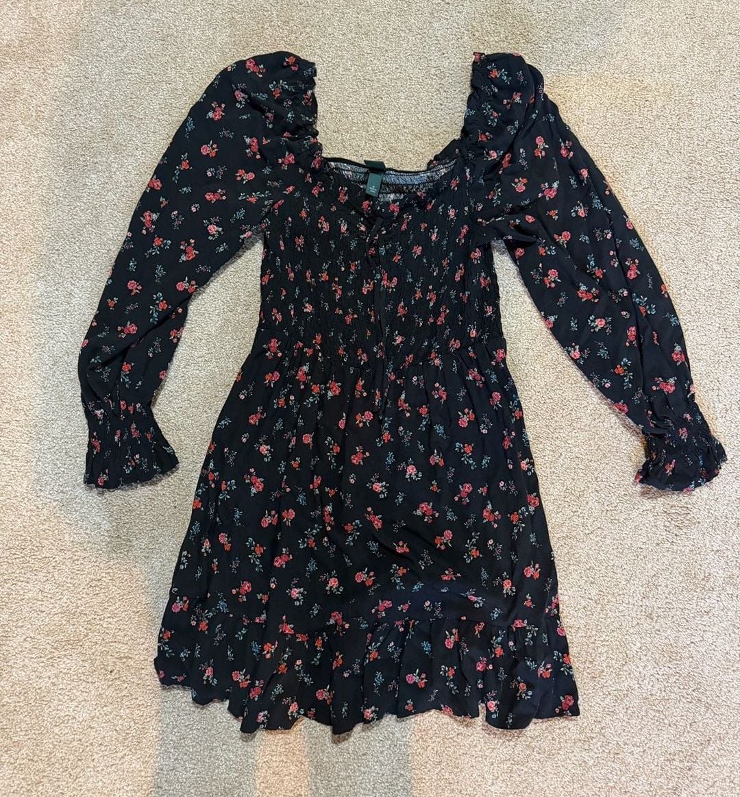 Wild Fable Floral Smocked Dress Size M Black Long Sleeve Ruffle 2