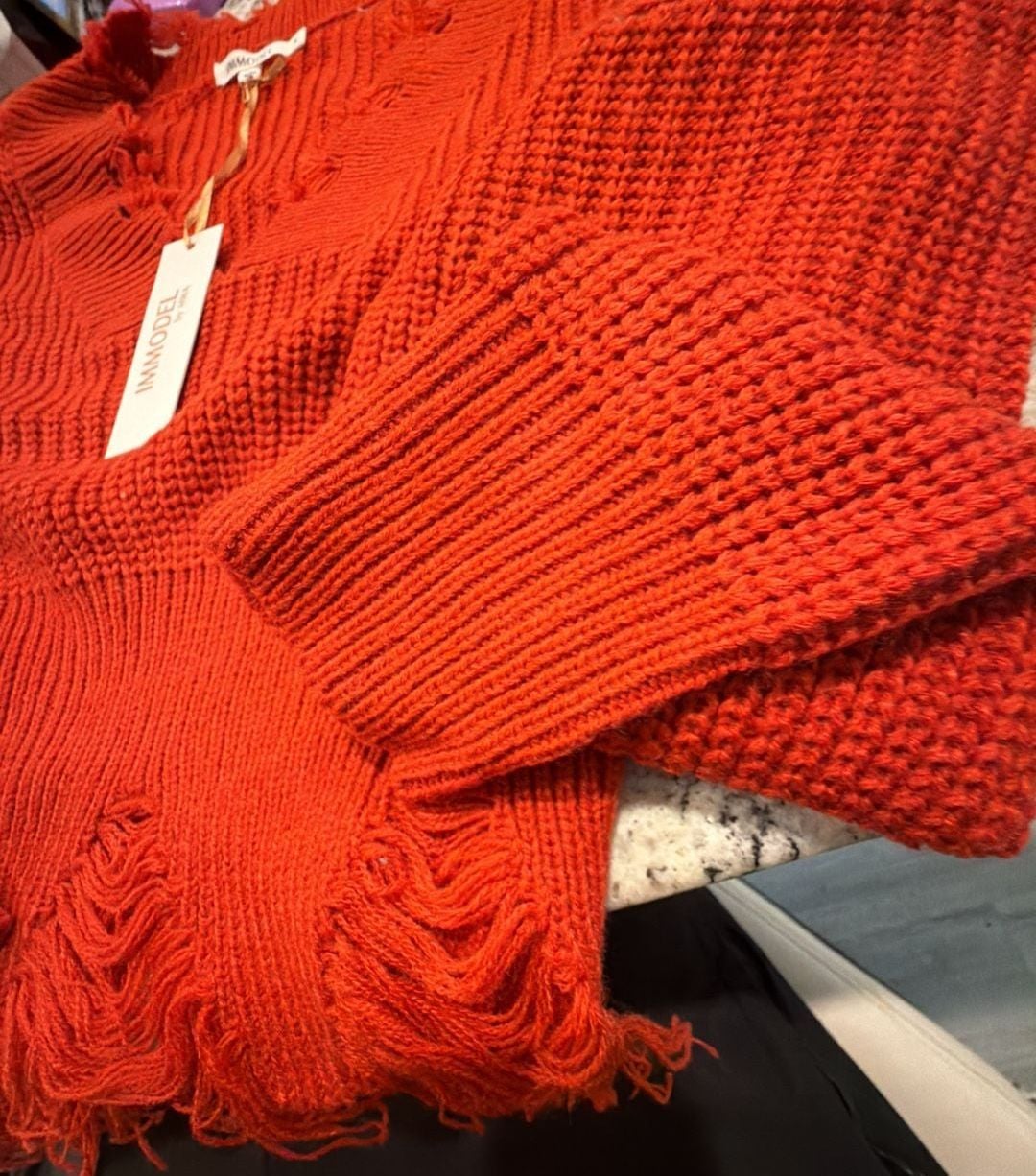Immodel Distressed Knit Sweater Size S Red Fringe V-Neck 4