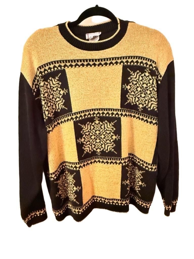 Cricket Lane Snowflake Vintage Sweater XL Black Gold Metallic 2