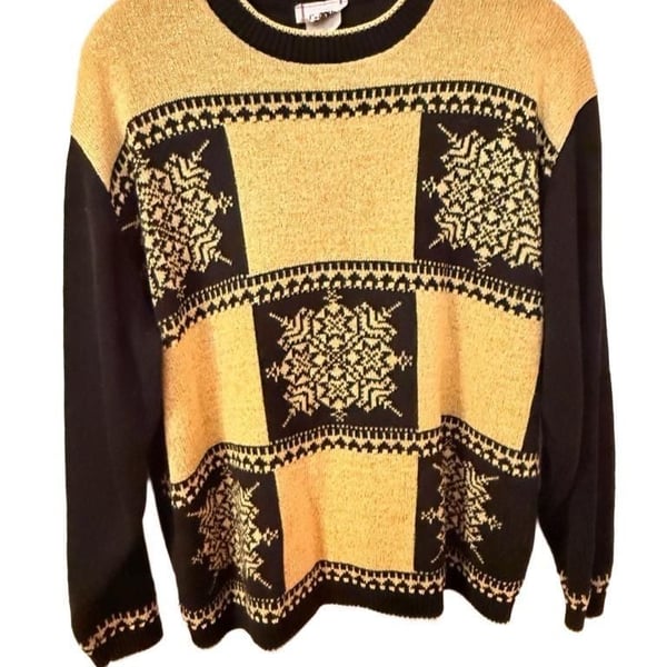 Cricket Lane Snowflake Vintage Sweater XL Black Gold Metallic 