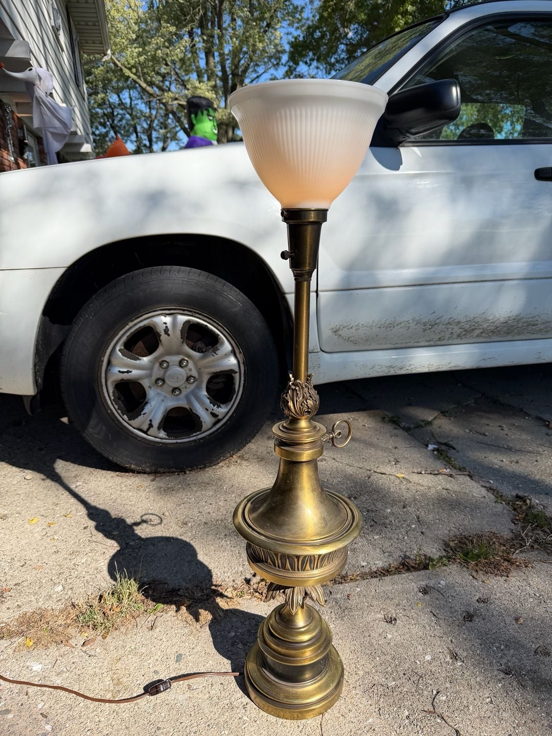 Stiffel Vintage Brass Torchiere Table Lamp White Ribbed Shade 1