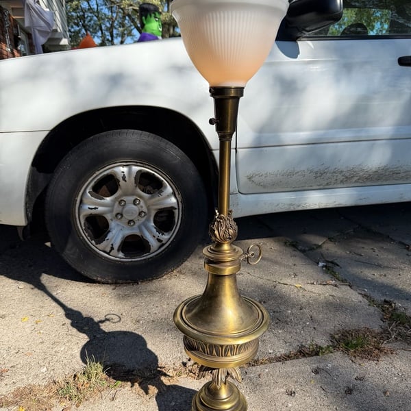 Stiffel Vintage Brass Torchiere Table Lamp White Ribbed Shade