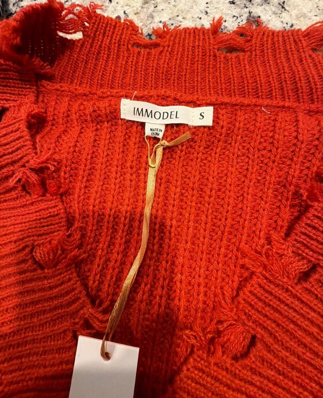 Immodel Distressed Knit Sweater Size S Red Fringe V-Neck 5