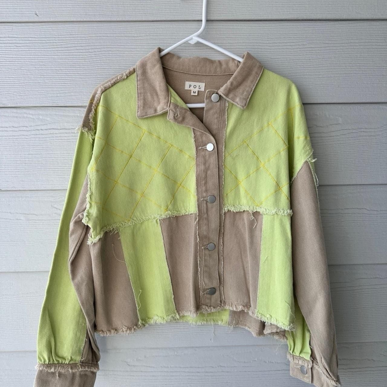 POL Pieced Quilt Jacket Size M Tan Lime Green Patchwork Denim Shacket 2