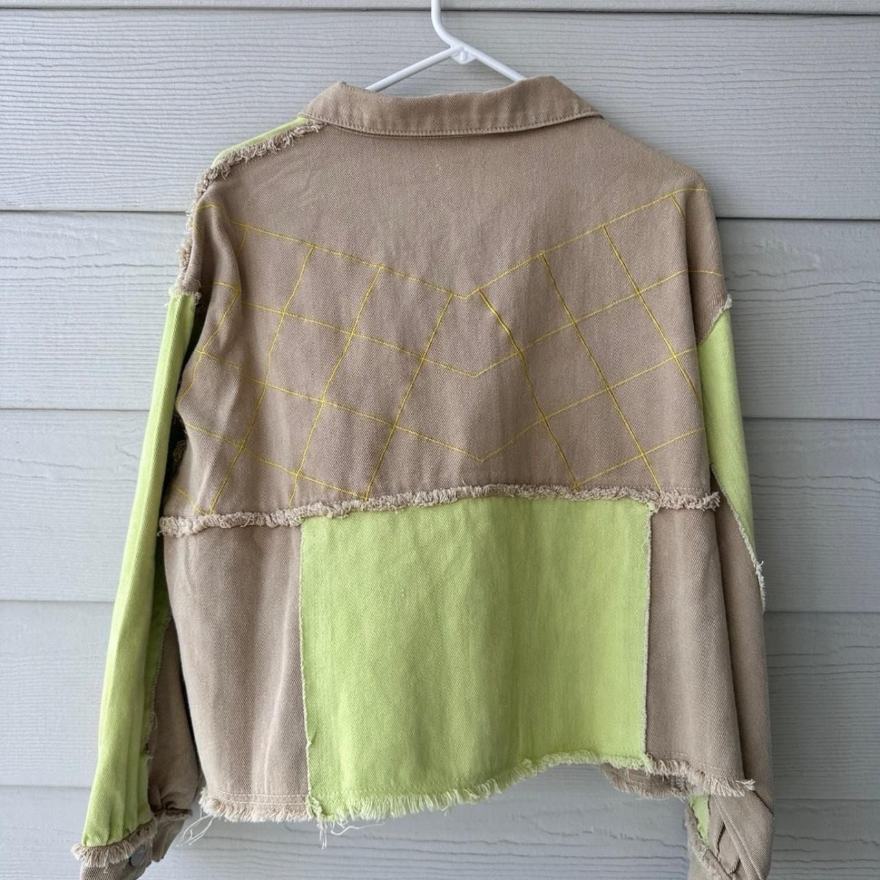 POL Pieced Quilt Jacket Size M Tan Lime Green Patchwork Denim Shacket 4