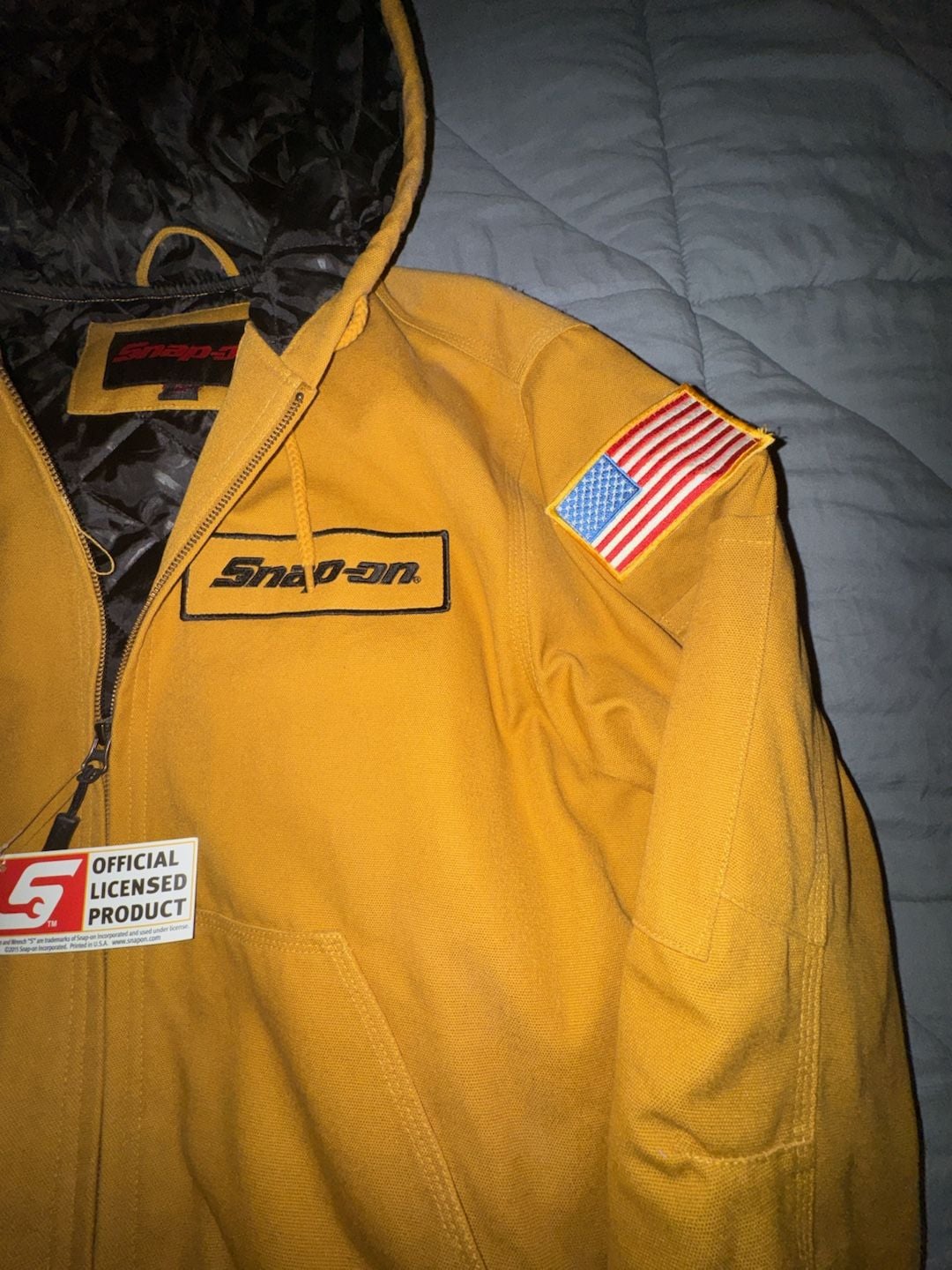 Snap-on Canvas Hooded Jacket Size M Yellow Quilt Lined US Flag 5