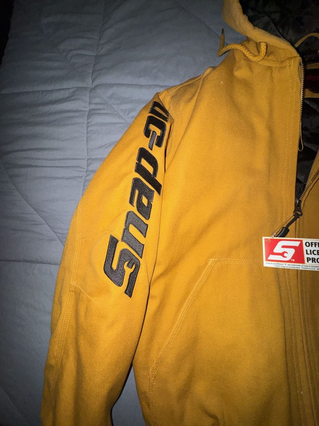 Snap-on Canvas Hooded Jacket Size M Yellow Quilt Lined US Flag 6