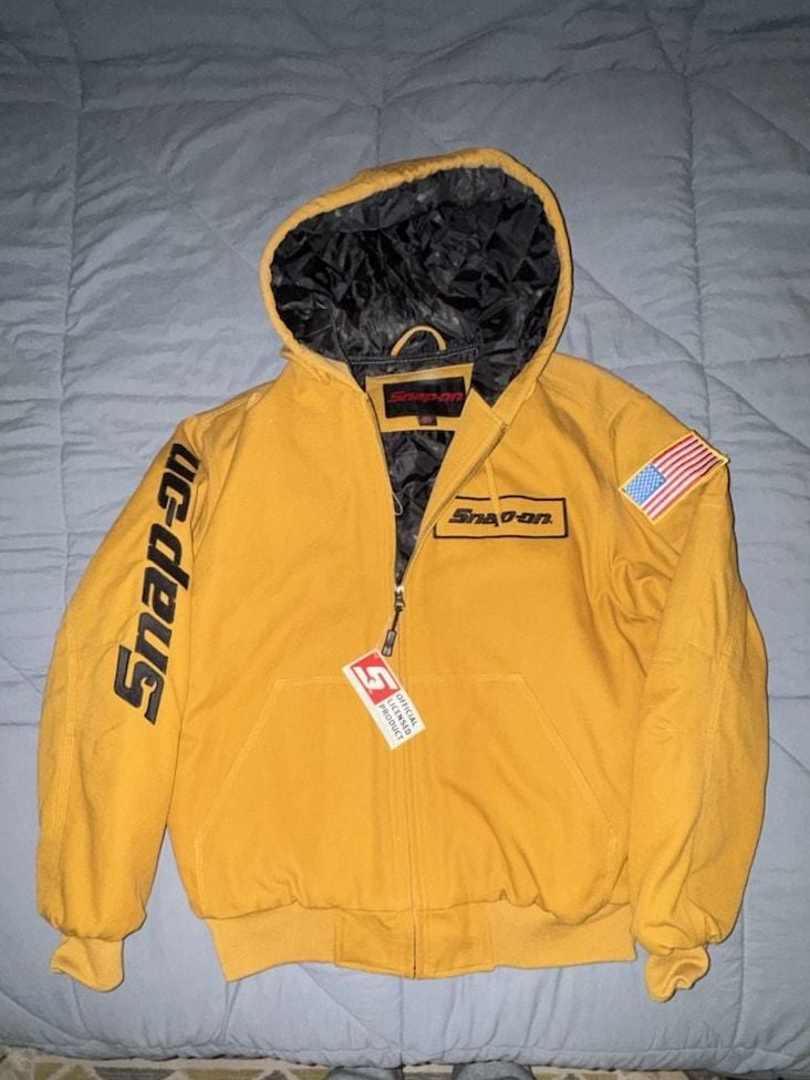 Snap-on Canvas Hooded Jacket Size M Yellow Quilt Lined US Flag 2