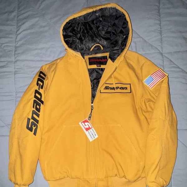 Snap-on Canvas Hooded Jacket Size M Yellow Quilt Lined US Flag