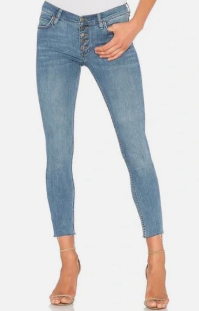 Free People Reagan Skinny Jeans Size W 27.5 Blue Denim Raw Hem 2