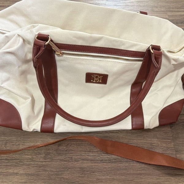 Badgley Mischka Barbara Canvas Weekender Travel Bag White Brown