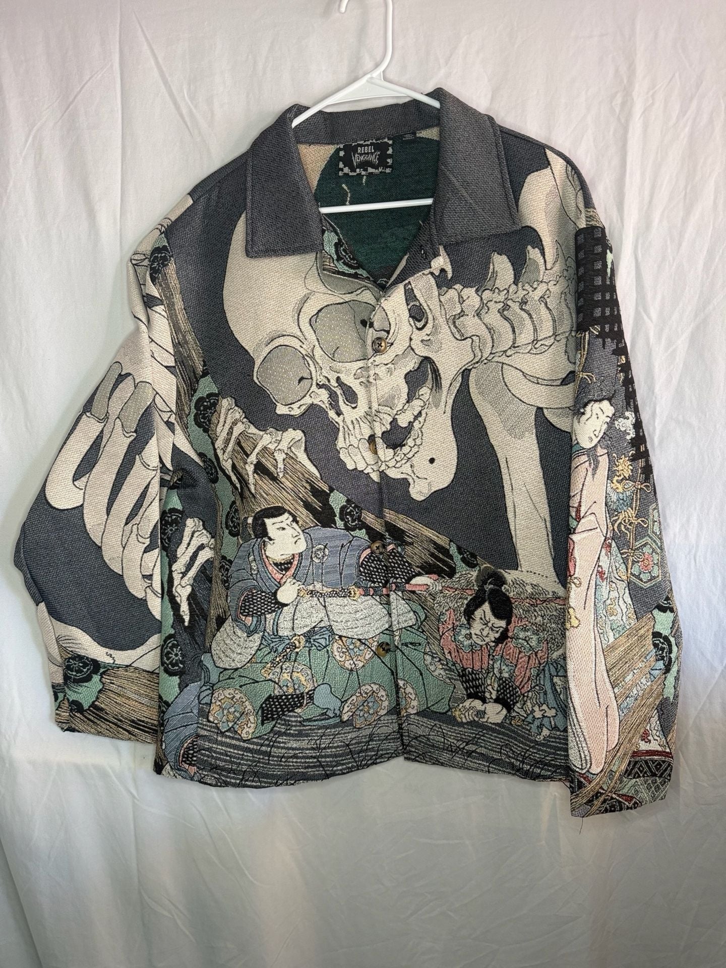 Rebel Vengeance Tapestry Jacket Size M Japanese Samurai Skull 2