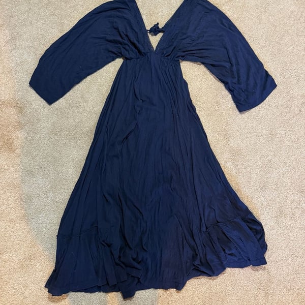Free People Maxi Dress Size M Blue V-Neck Long Sleeve Cutout Boho