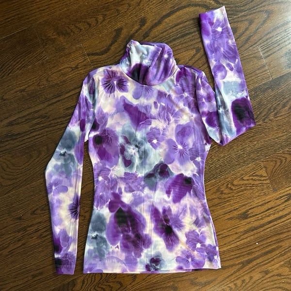 White House Black Market Mesh Turtleneck Size XXS Purple Floral Print