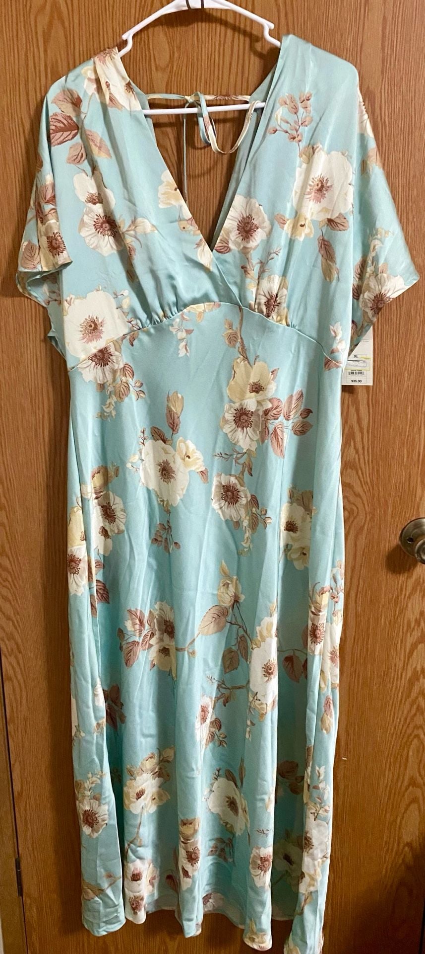 A New Day Satin Floral Maxi Dress Size XL Mint Green Tie Back 2