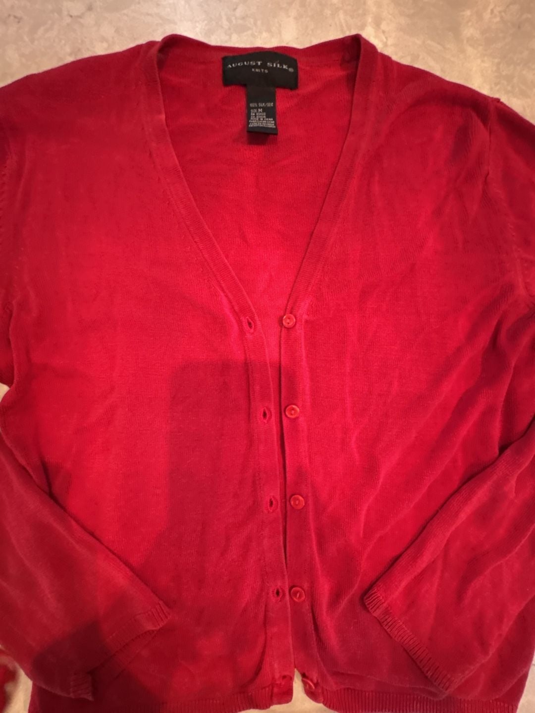 August Silk Knits Cardigan Size M Red Silk V-Neck 3