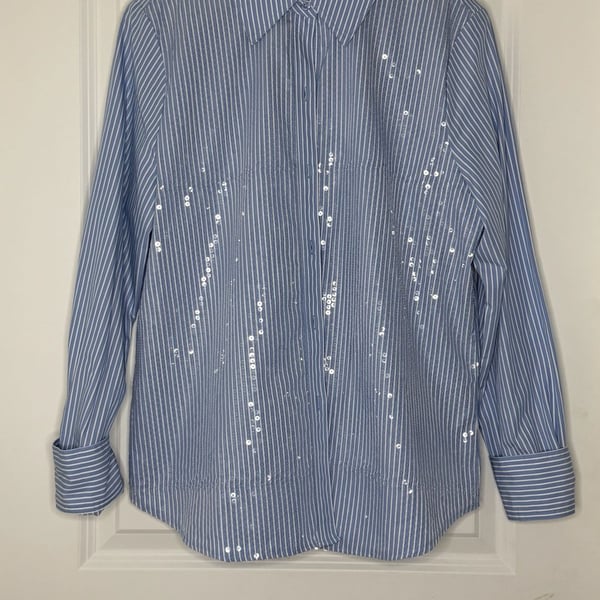 White House Black Market Sequin Striped Poplin Shirt Size 10 Blue