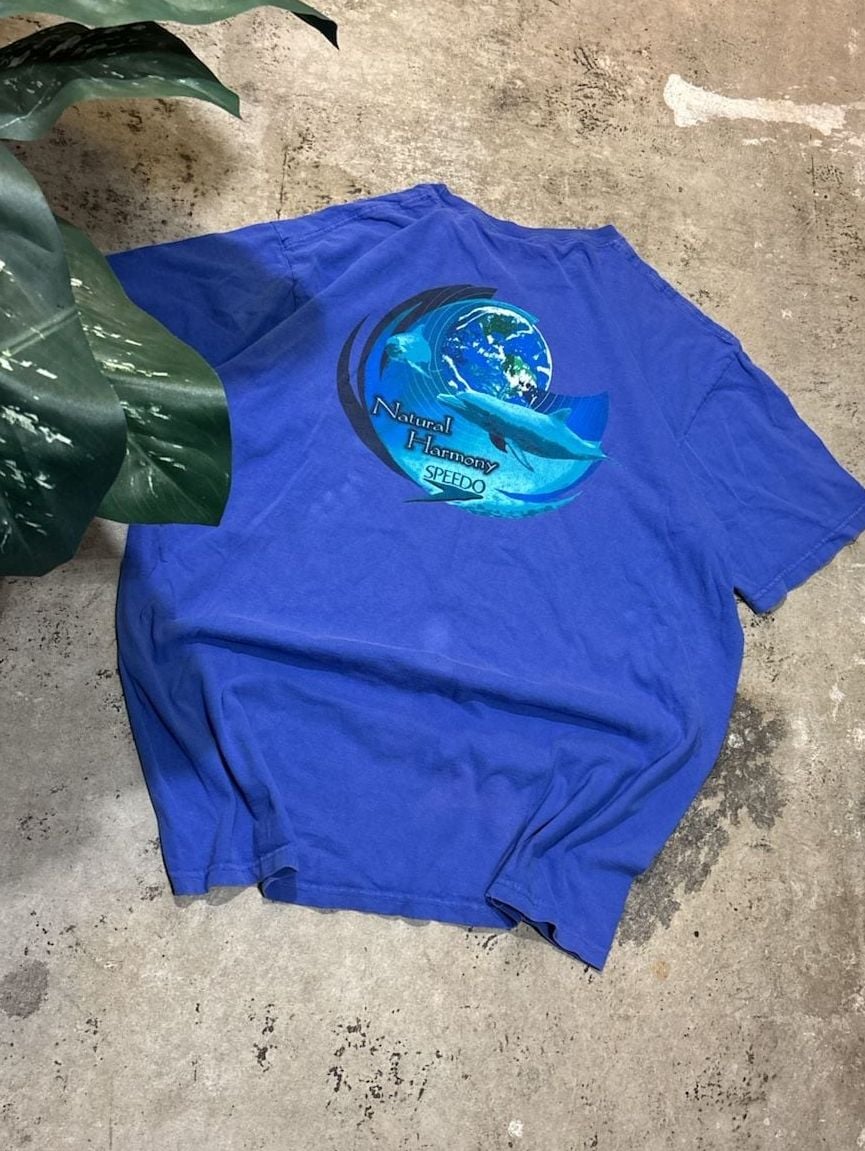 Vintage Made in USA Speedo Natural Harmony Dolphin Graphic T-Shirt XL Blue 1