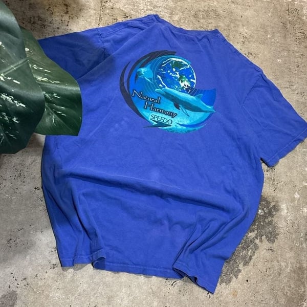 Vintage Made in USA Speedo Natural Harmony Dolphin Graphic T-Shirt XL Blue