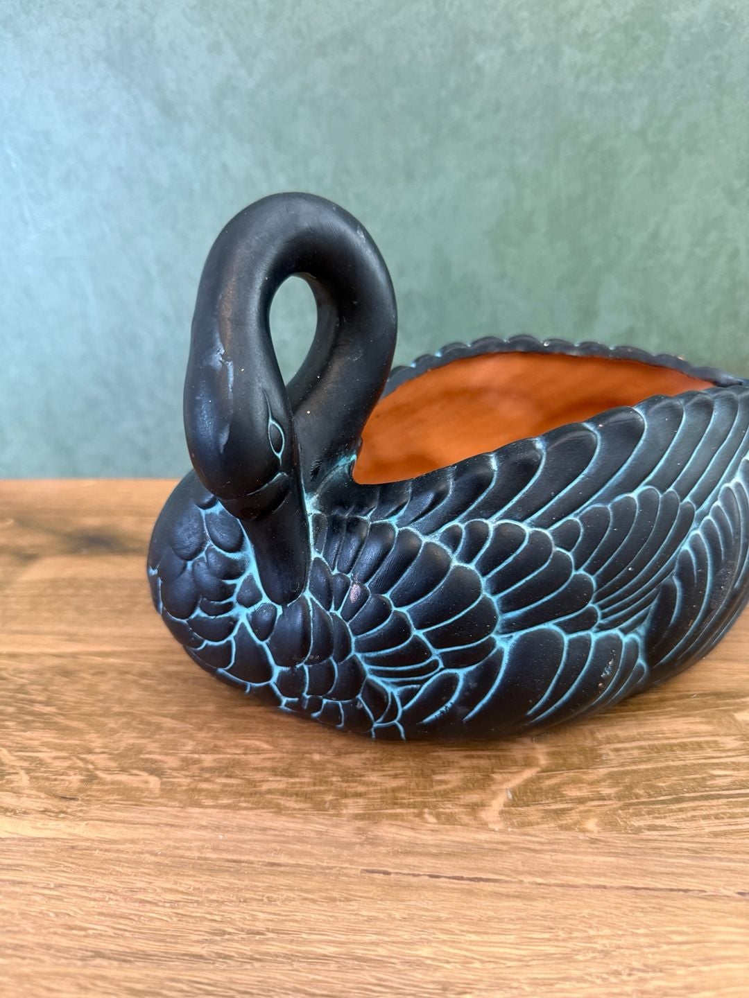 Claire Burke Vintage 1990 Black And Teal Swan Planter 1
