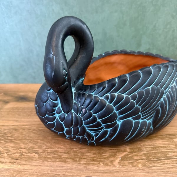 Claire Burke Vintage 1990 Black And Teal Swan Planter