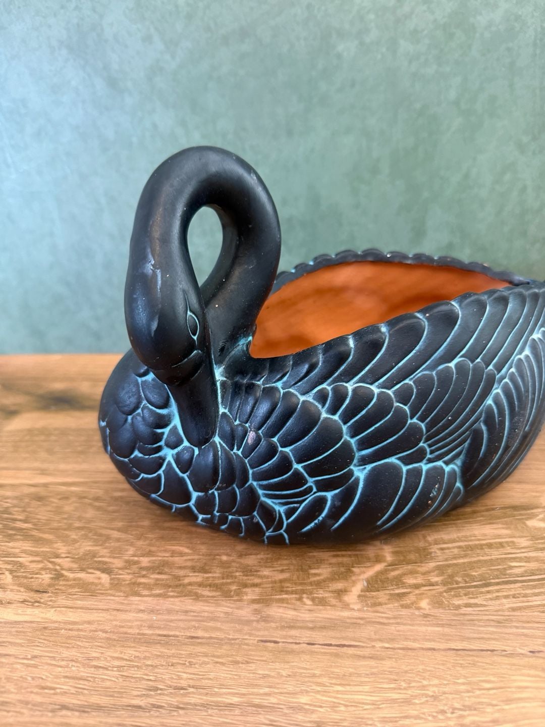 Claire Burke Vintage 1990 Black And Teal Swan Planter 2