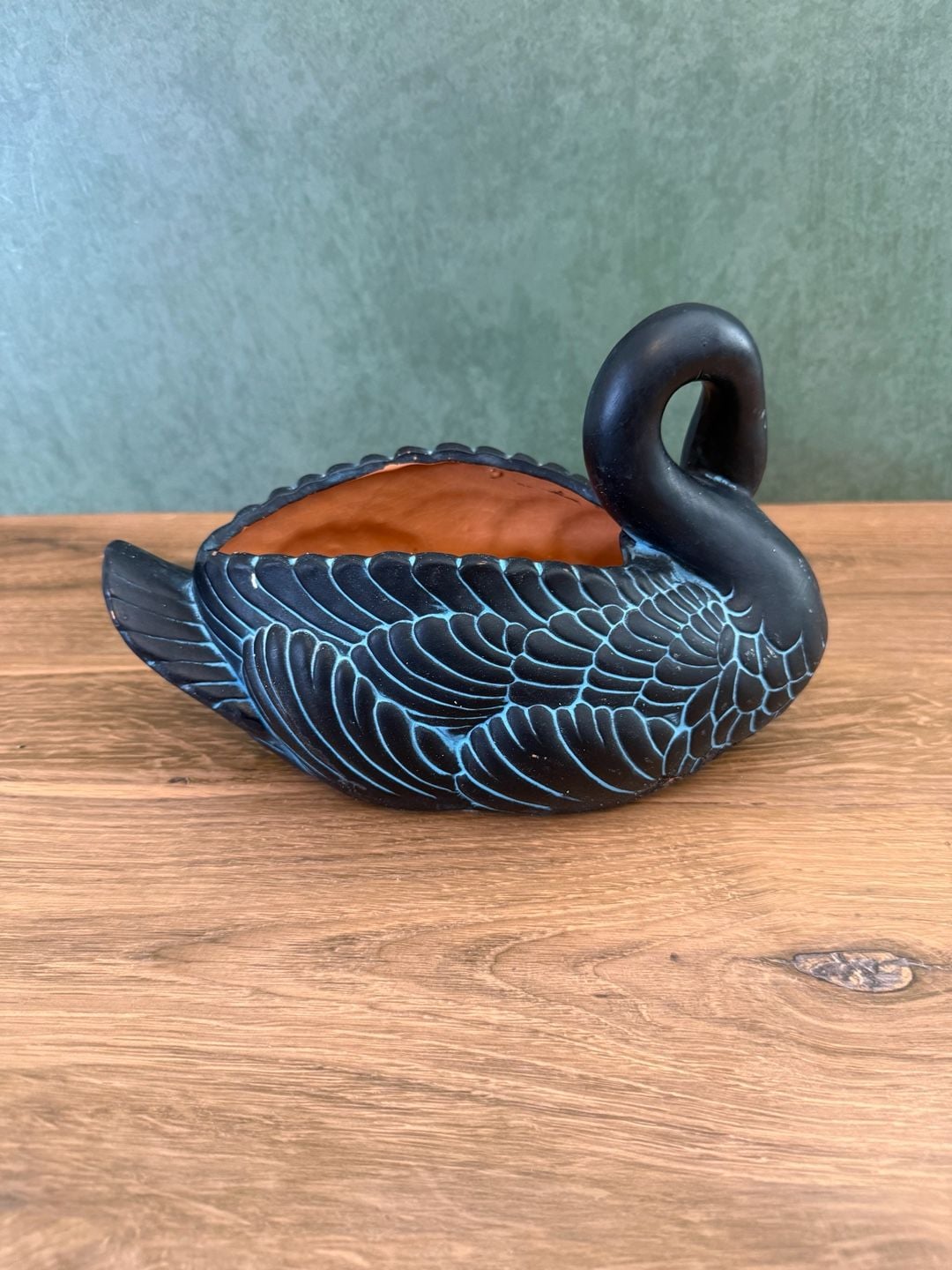 Claire Burke Vintage 1990 Black And Teal Swan Planter 6