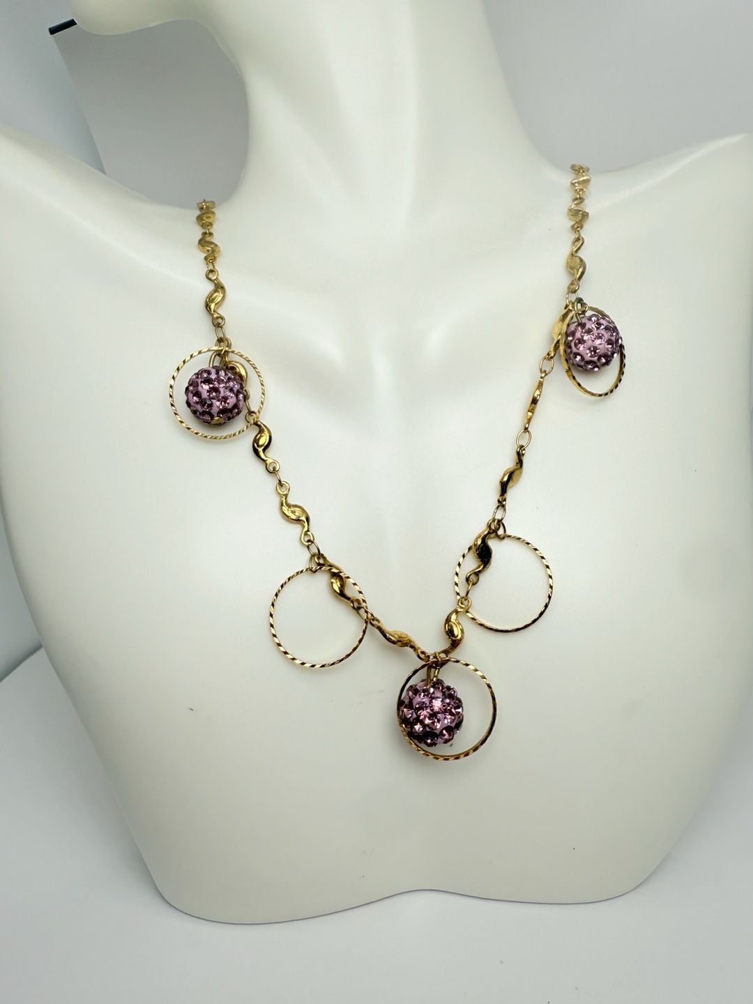 Gold Tone Purple Crystal Pavé Ball Hoop Necklace 2