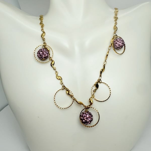 Gold Tone Purple Crystal Pavé Ball Hoop Necklace