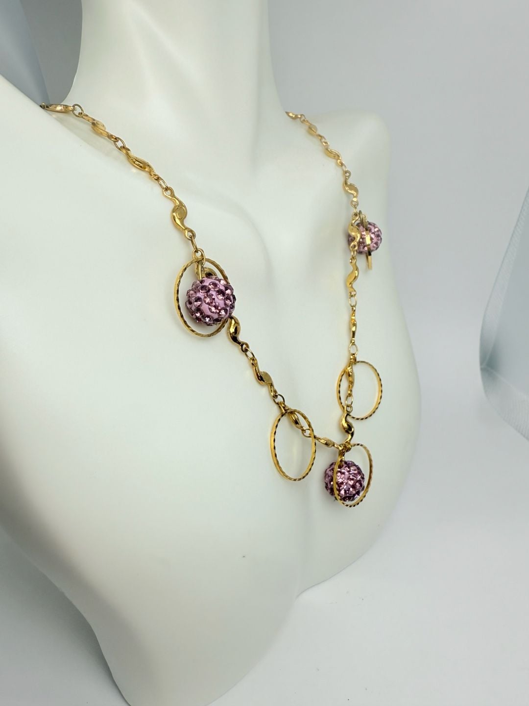 Gold Tone Purple Crystal Pavé Ball Hoop Necklace 3