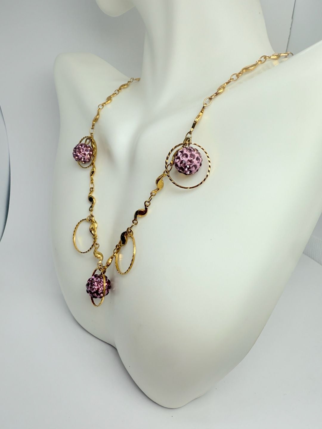 Gold Tone Purple Crystal Pavé Ball Hoop Necklace 4