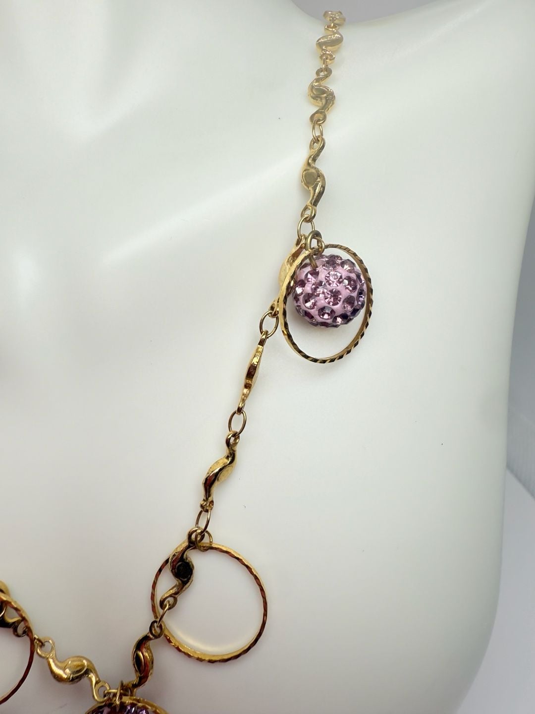 Gold Tone Purple Crystal Pavé Ball Hoop Necklace 7