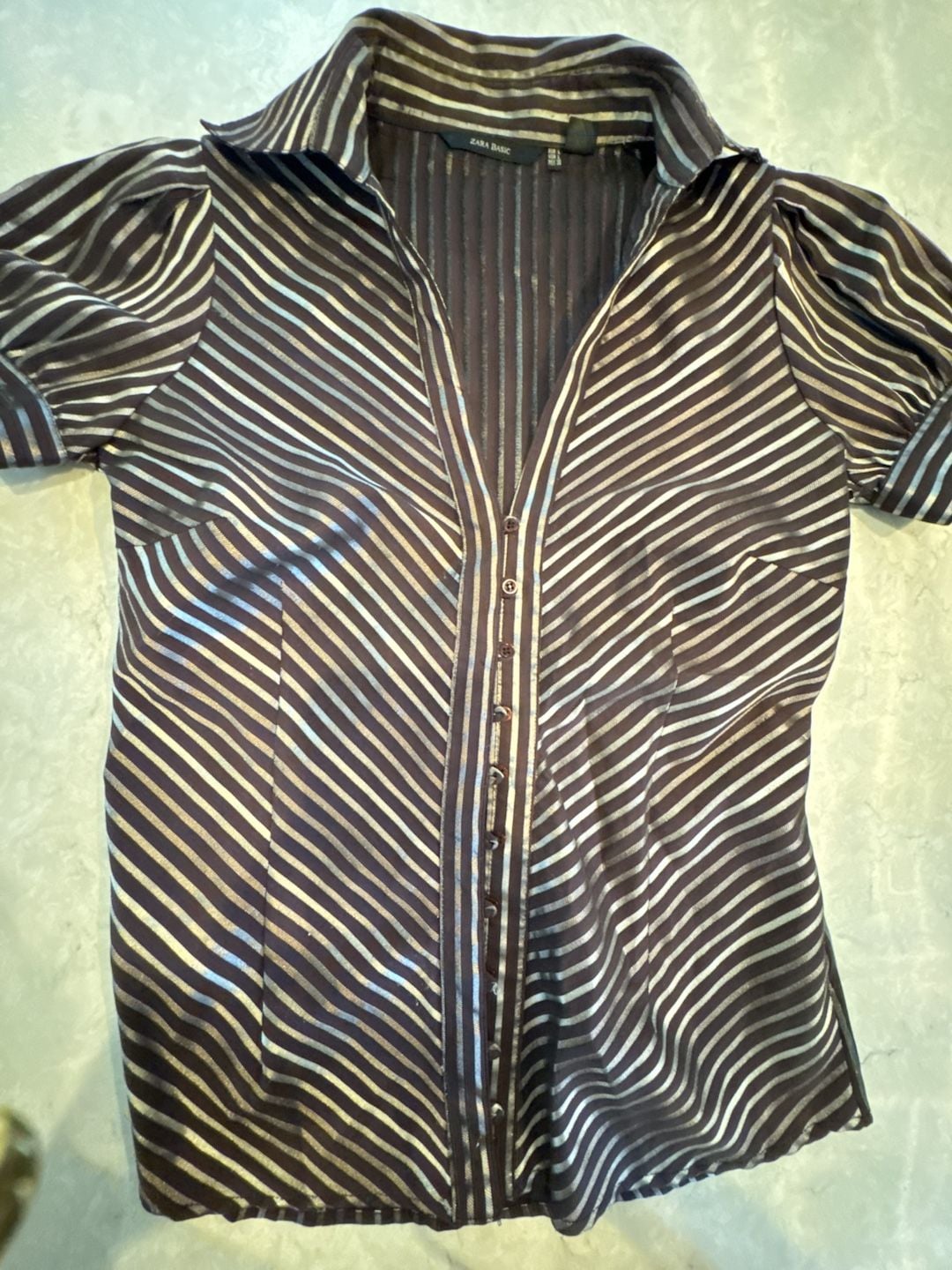 Zara Basic Striped Button-Up Blouse Size L Brown Silver 2