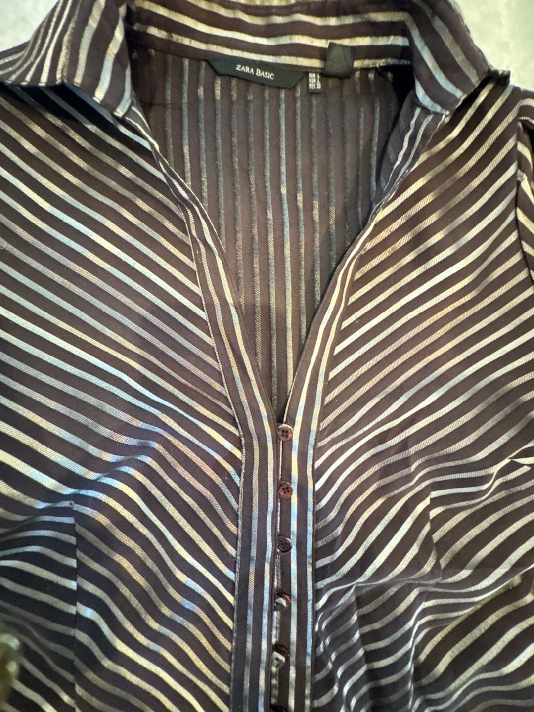 Zara Basic Striped Button-Up Blouse Size L Brown Silver 3