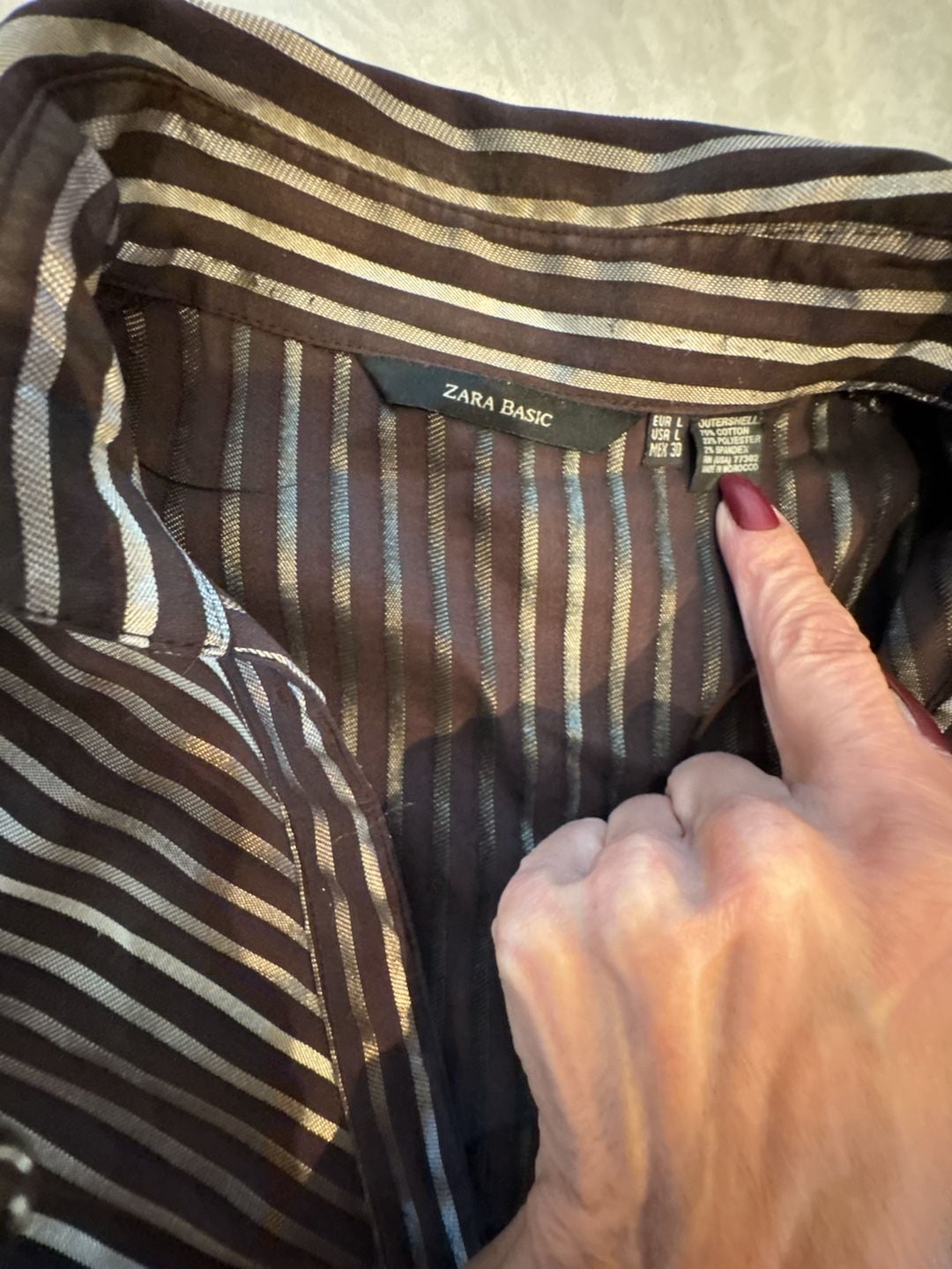 Zara Basic Striped Button-Up Blouse Size L Brown Silver 5